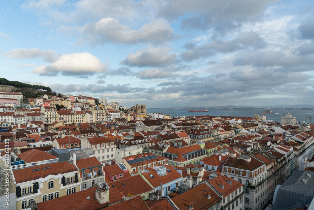 Aerial view of the roofs of Alfama district  in Lisbon, Portugal
