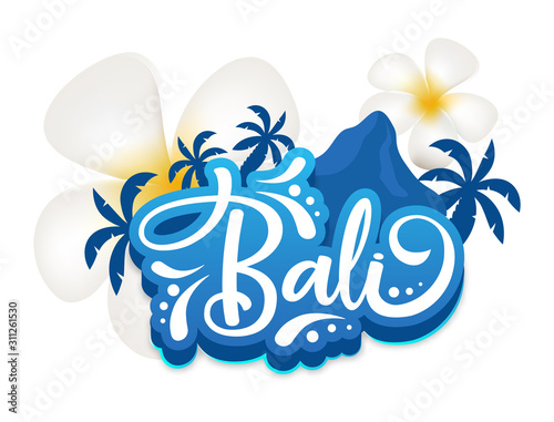 Bali flat poster vector template. Indonesian island. Flowers and mountain. Exotic land. Asian culture. Banner, brochure page, leaflet design layout. Sticker with calligraphic lettering and plumeria