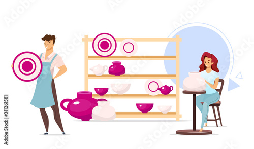 Man and woman in pottery studio flat color vector illustration. Male and female characters next to shelf with dishes. Clayware, ceramics production. Isolated cartoon character on white background