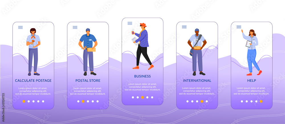 Post service onboarding mobile app screen vector template. Business and international delivery. Walkthrough website steps with flat characters. UX, UI, GUI smartphone cartoon interface concept
