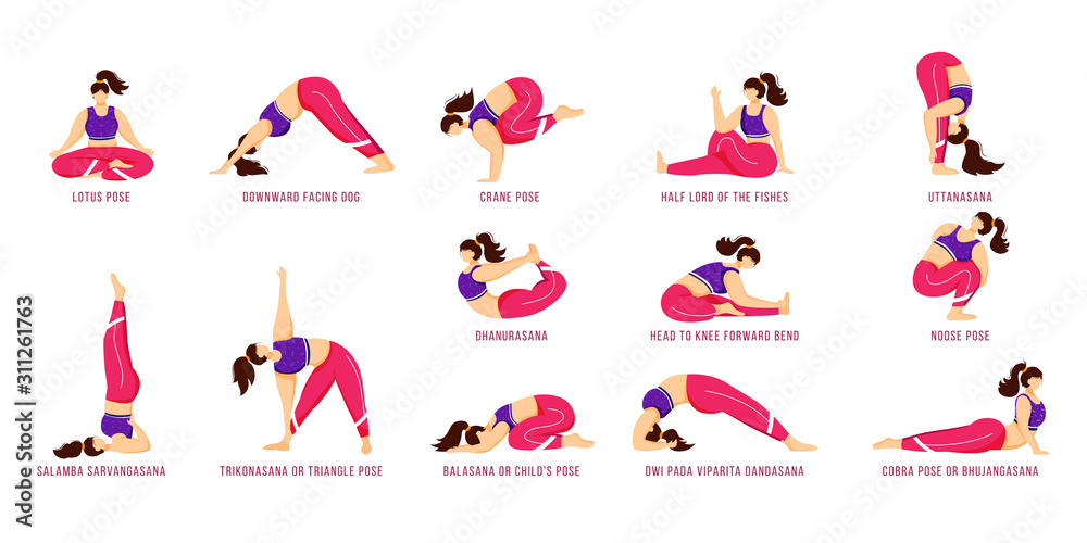 Yoga poses flat vector illustrations set. Caucausian women performing yoga asanas in pink and purple sportswear. Female figures doing physical exercises. Workout, fitness. Isolated cartoon character