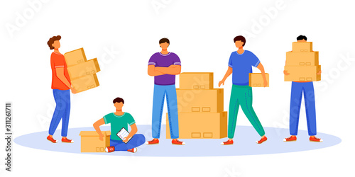 Post office male workers and loaders flat color vector illustration. Men distribute packages. Post service delivery. Boxes and parcels transportation isolated cartoon character on white background