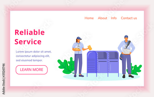 Reliable service landing page vector template. American post delivery workers website interface idea with flat illustrations. Distributing letters homepage layout, web banner, webpage cartoon concept