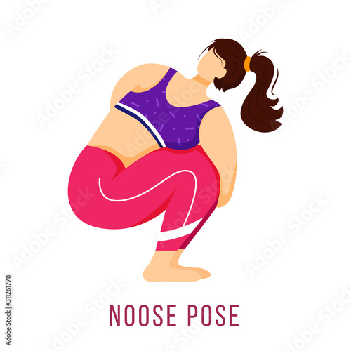 Noose pose flat vector illustration. Pasasana. Caucausian woman performing yoga posture in pink and purple sportswear. Workout. Physical exercise. Isolated cartoon character on white background photo