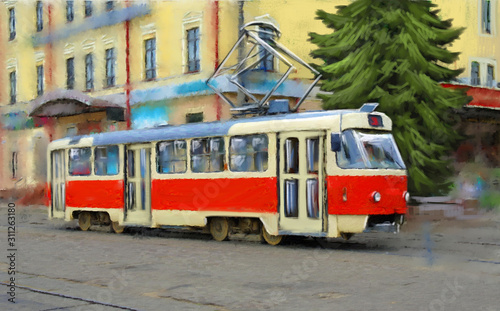 Oil paintings   landscape, red tram in city. Fine art.
