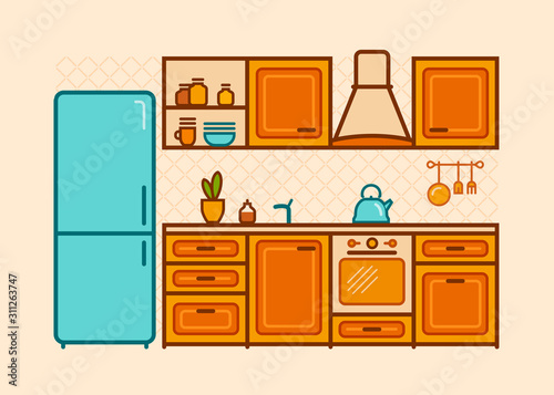 Kitchen, furniture drawn in a linear flat style. Cartoon vector illustration