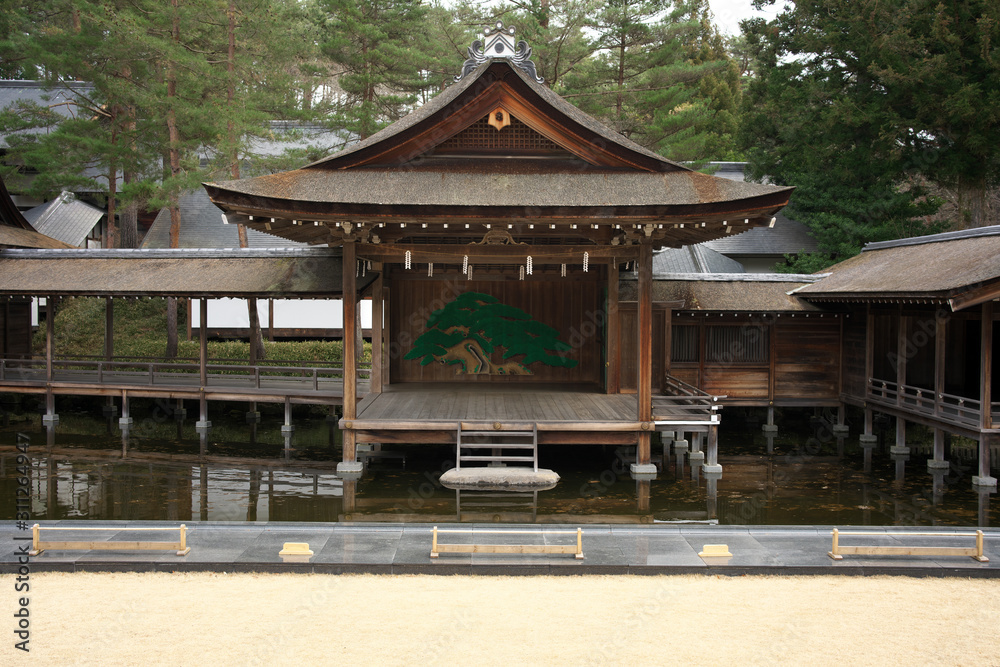 Yamanashi,Japan-December 22, 2019: Open Air Noh Stage, the stage for the performance of Nohgaku--the Japanese traditional art. Yamanashi,Japan-December 22, 2019: Open Air Noh Stage, the stage for the performance of Nohgaku--the Japanese traditional art.