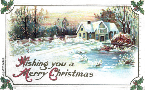 Vintage Postcard, Antique Greeting card, Merry Christmas, House on pond within frame, holly in the corners.