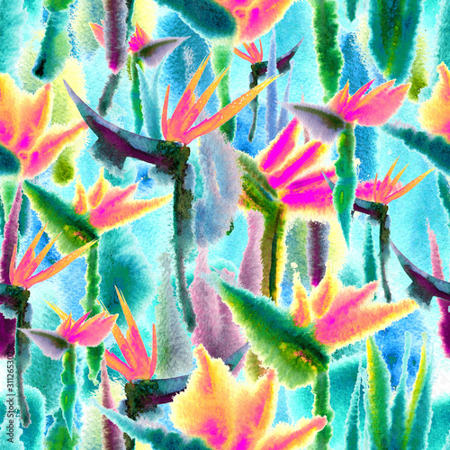 tropical jungle exotic floral print bright vivid seamless pattern endless repeat vibrant