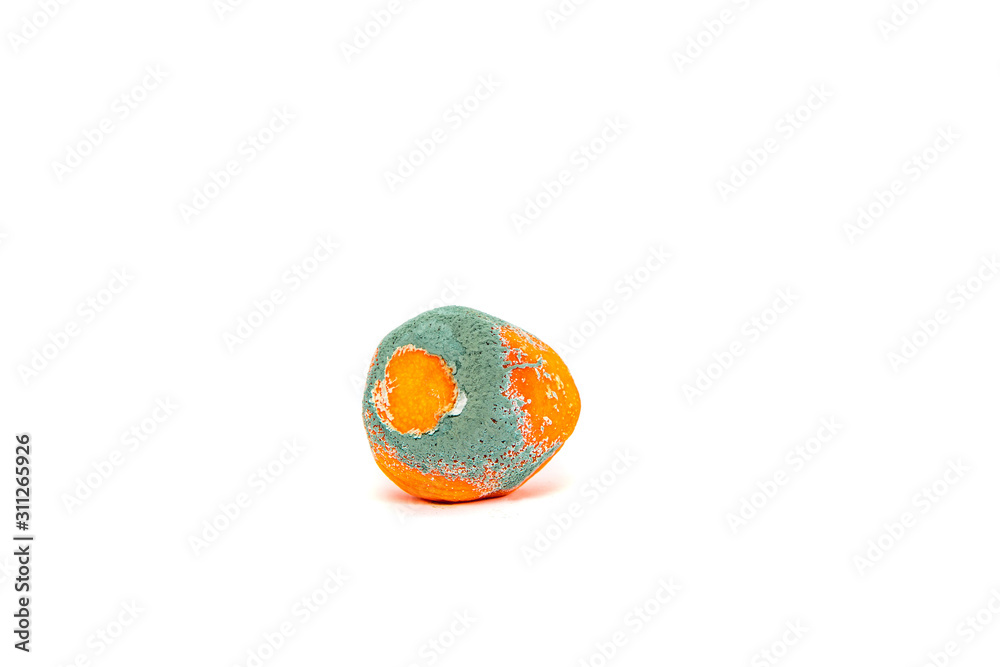Spoiled mandarin on a white background. Food concept, food poisoning, eating stale food. Moldy fruit, covered with green mold. Throwing out stale food.