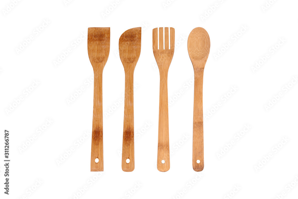 Set of Bamboo kitchen tool isolated on white background. Bamboo spatula 