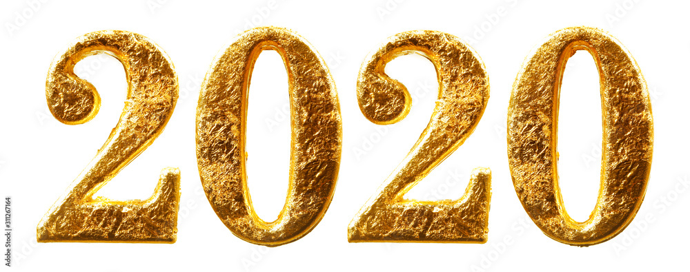2020 New Years numbers in shiny gold leaf isolated on white 2020 New Years numbers in shiny gold leaf isolated on white