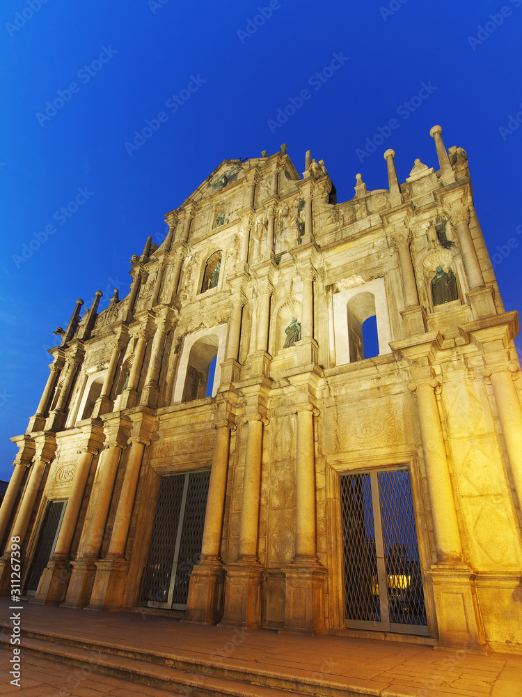 The Ruins of St. Paul's in Macao at night.