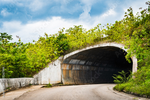 Fototapeta Naklejka Na Ścianę i Meble -  Entry/ Entrance/ Entryway/ Exit of a dark tunnel on countryside roadway/ street. Opening to underground passage way. Concept of transition/ transitioning into the unknown. Life journey direction.