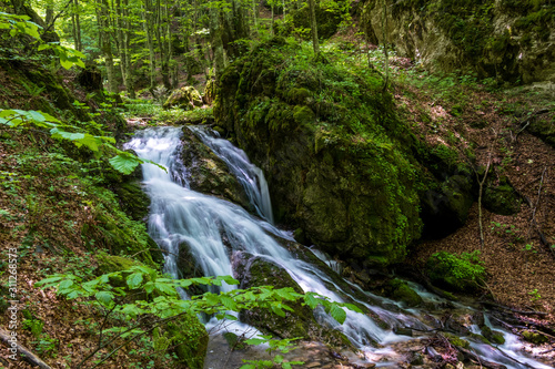 Beautiful mountain waterfall in the forest.