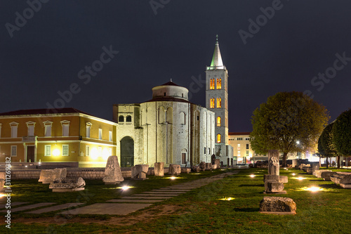 St. Donat church, forum and Cathedral of St. Anastasia bell tower in Zadar at night, Croatia 