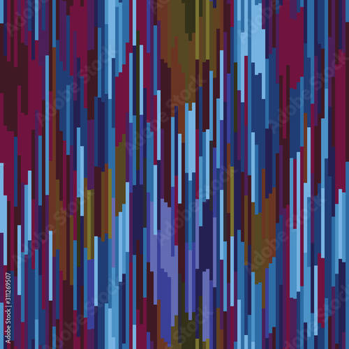  Spliced vector stripe. Geometric variegated background. Seamless boho ikat pattern with woven broken lines. Modern distorted pixel textile all over print. Trendy digital disrupted glitch tile repeat.