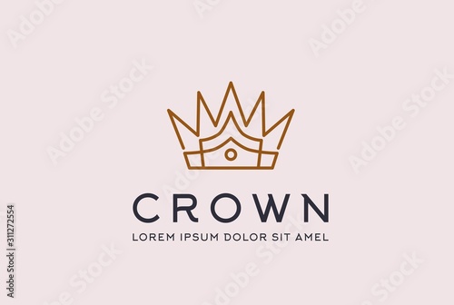 Vintage royal gold crown logo design vector template. King and queen geometric lotus flower