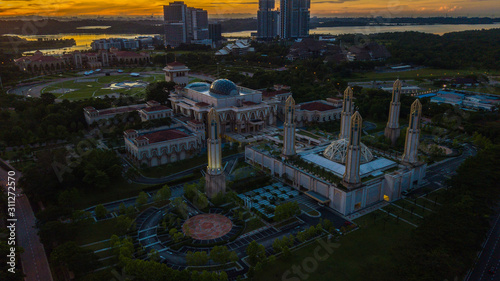 Beautiful aerial view of silhouette Kota Iskandar Mosque located at Kota Iskandar, Iskandar Puteri, Johor State  Malaysia early in the morning
