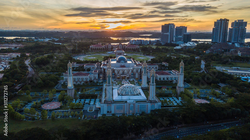 Aerial landscape of sunrise at The Kota Iskandar Mosque at Iskandar Puteri  Johor State  Malaysia early in the morning