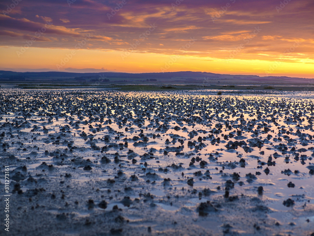 Sunset reflections at Holy Island at low tide