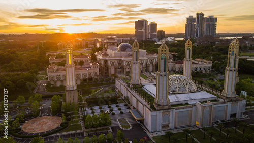 Aerial landscape of sunrise at The Kota Iskandar Mosque at Iskandar Puteri, Johor State Malaysia early in the morning
