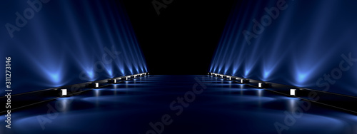 Lamps along an empty smooth track , beautiful reflections on sloping walls. 3d rendering image. © Andrey Shtepa