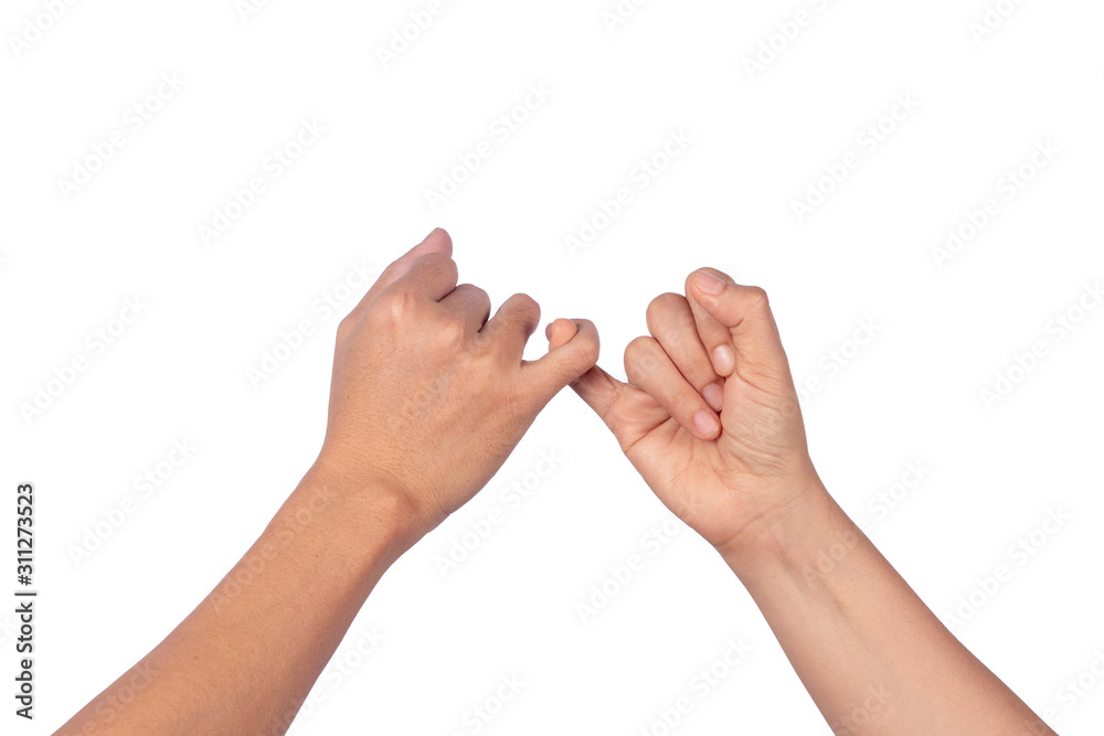 Women and man hands hook pinky fingers together to promise,Loving couple  holding little fingers,Romantic moment hand in hand concept,isolated on  white background Stock Photo