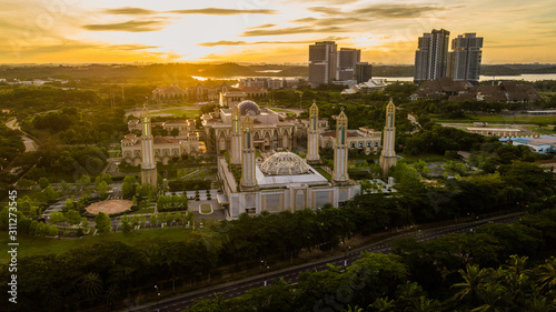 Aerial view landscape of sunrise at The Kota Iskandar Mosque located at Kota Iskandar, Iskandar Puteri, Johor State Malaysia early in the morning