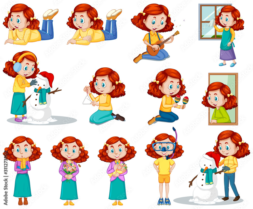 Girl in yellow shirt doing different activities Girl in yellow shirt doing different activities