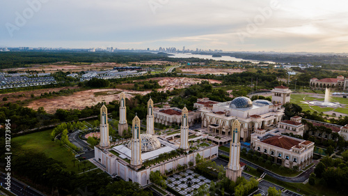 Beautiful Landscape at The Kota Iskandar Mosque located at Kota Iskandar, Iskandar Puteri, Johor State  Malaysia early in the morning