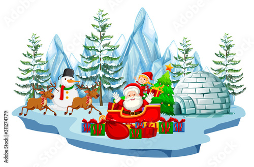 Scene with Santa and snowman in winter time
