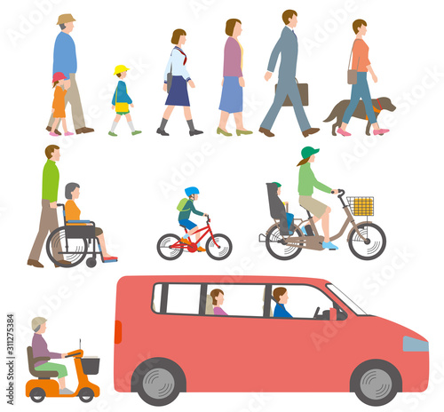  人、自転車、自動車を側面から見たイラスト