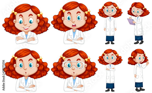 Set of red hair girl in lab gown doing different poses