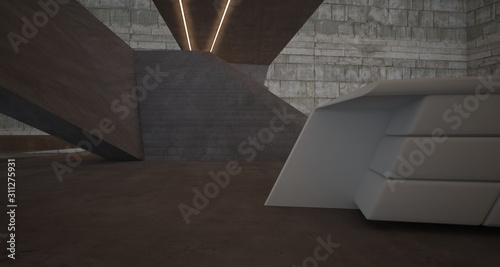 Abstract architectural concrete interior of a minimalist house with swimming pool and neon lighting. 3D illustration and rendering.