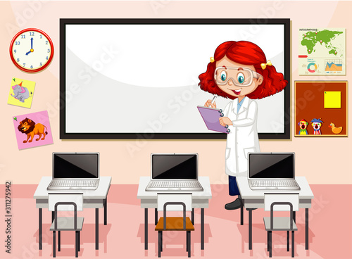 Classroom scene with science teacher writing notes