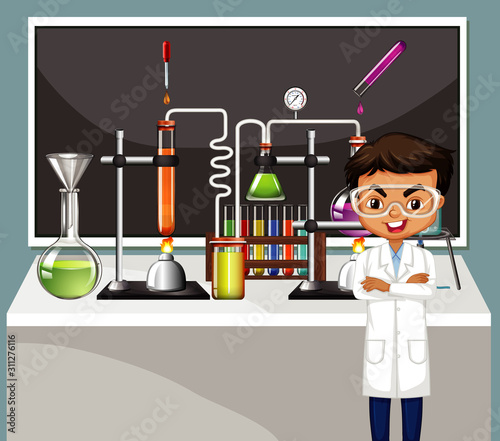 Classroom scene with science teacher and equipments