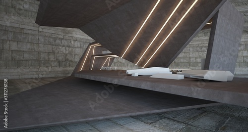 Abstract architectural concrete interior of a minimalist house with swimming pool and neon lighting. 3D illustration and rendering.