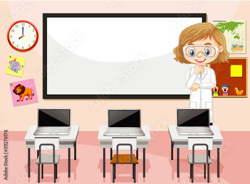 Classroom scene with science teacher and computers