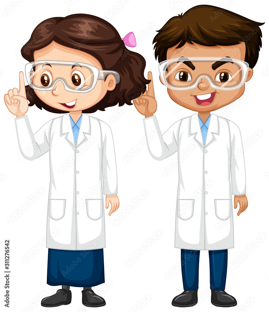 Boy and girl in science gown on isolated background Boy and girl in science gown on isolated background