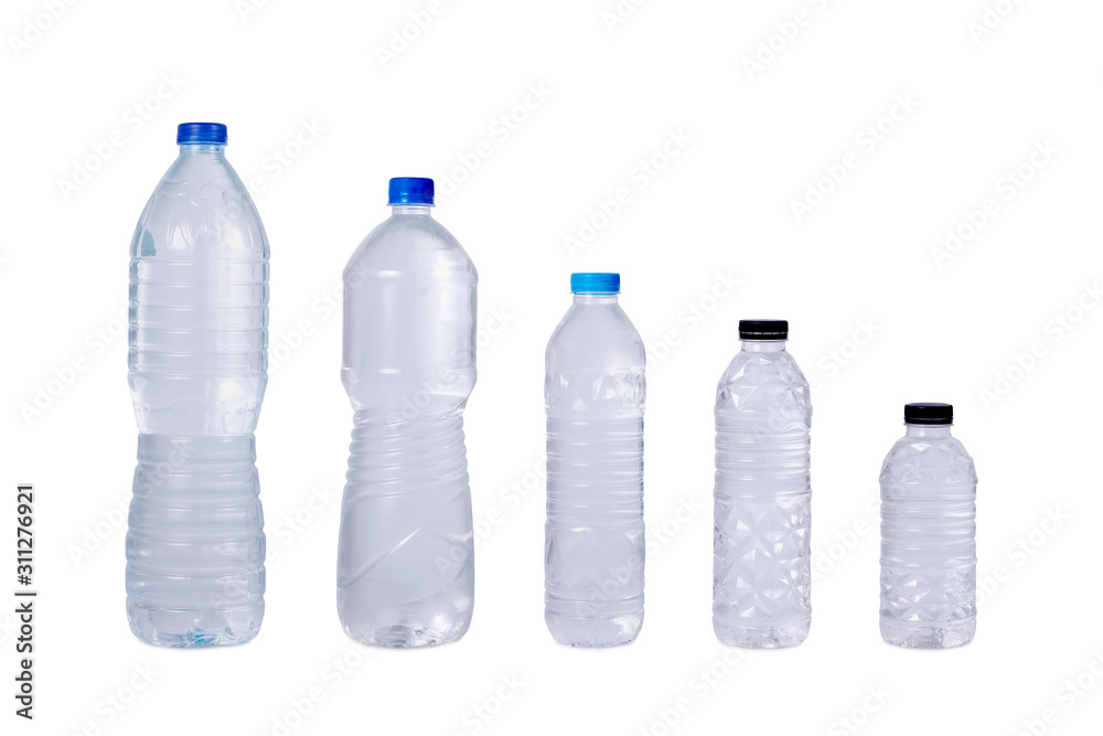 Five sizes of plastic water bottles isolated on white background. Five sizes of plastic water bottles isolated on white background.