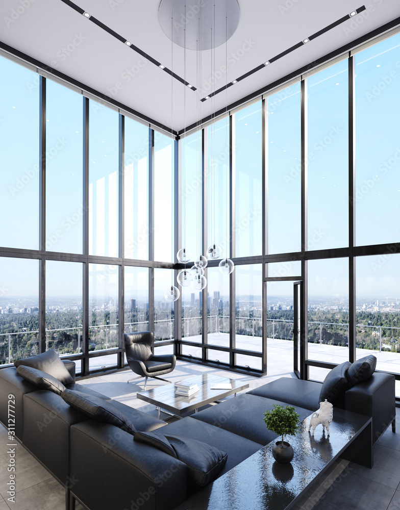 View of Luxury modern penthouse interior with panoramic windows, 3d render ...