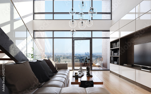 Canvas Print Modern living room in loft apartment, 3d render