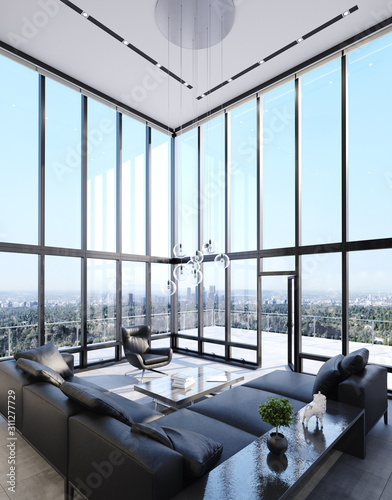 Luxury modern penthouse interior with panoramic windows, 3d render