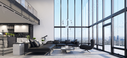 Luxury modern penthouse interior with panoramic windows, 3d render photo