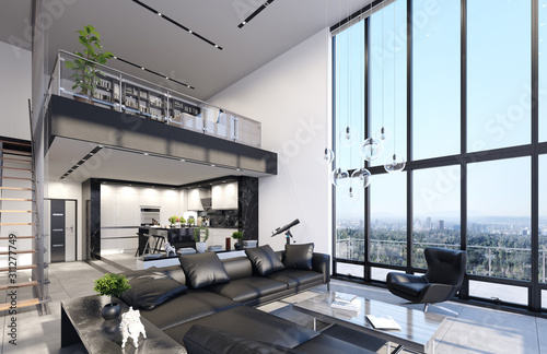 Luxury modern penthouse interior with panoramic windows, 3d render