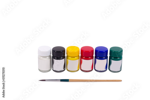 Poster paint bottle with brush isolated on white background.