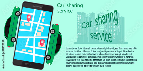 car sharing concept with car and smartphone. vector illustration.