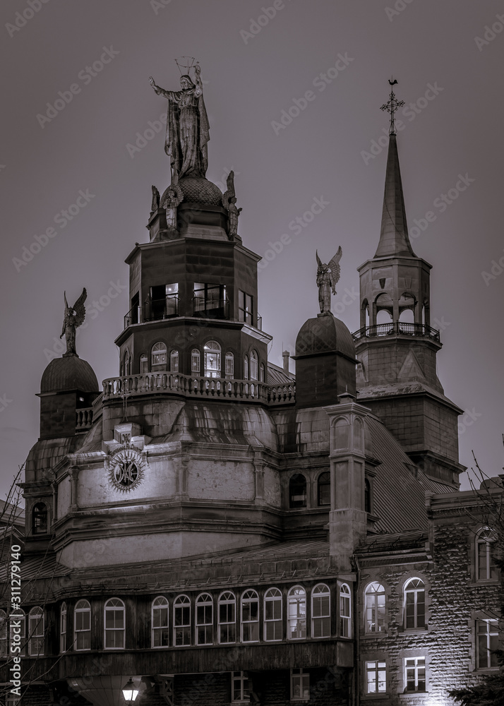 Old chapel in black and white at night, Montreal, Canada