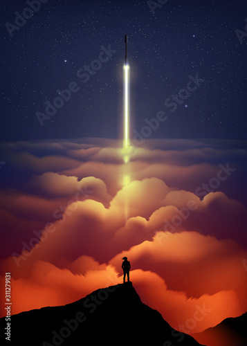 An illustration of the space rocket is flying up to the atmosphere with the silhouette of the unknown man standing and observing on the peak